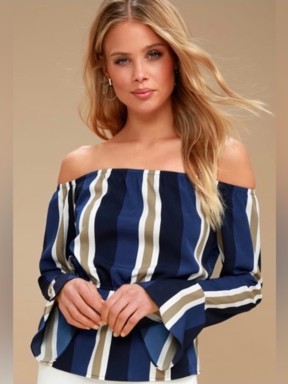 Lulus "Waterside" Navy Blue Striped Off-the-Shoulder Top size M